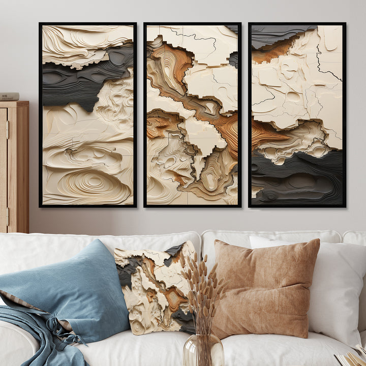 Beige And Brown African River Collage - 3-Piece Canvas Wall Art