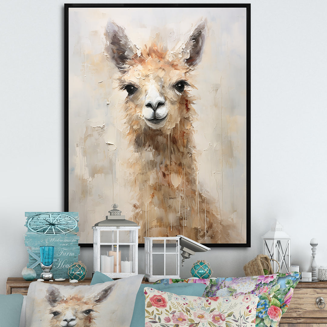 Minimalism Grunge Alpaca Portrait - Beige Alpaca Wall Art
