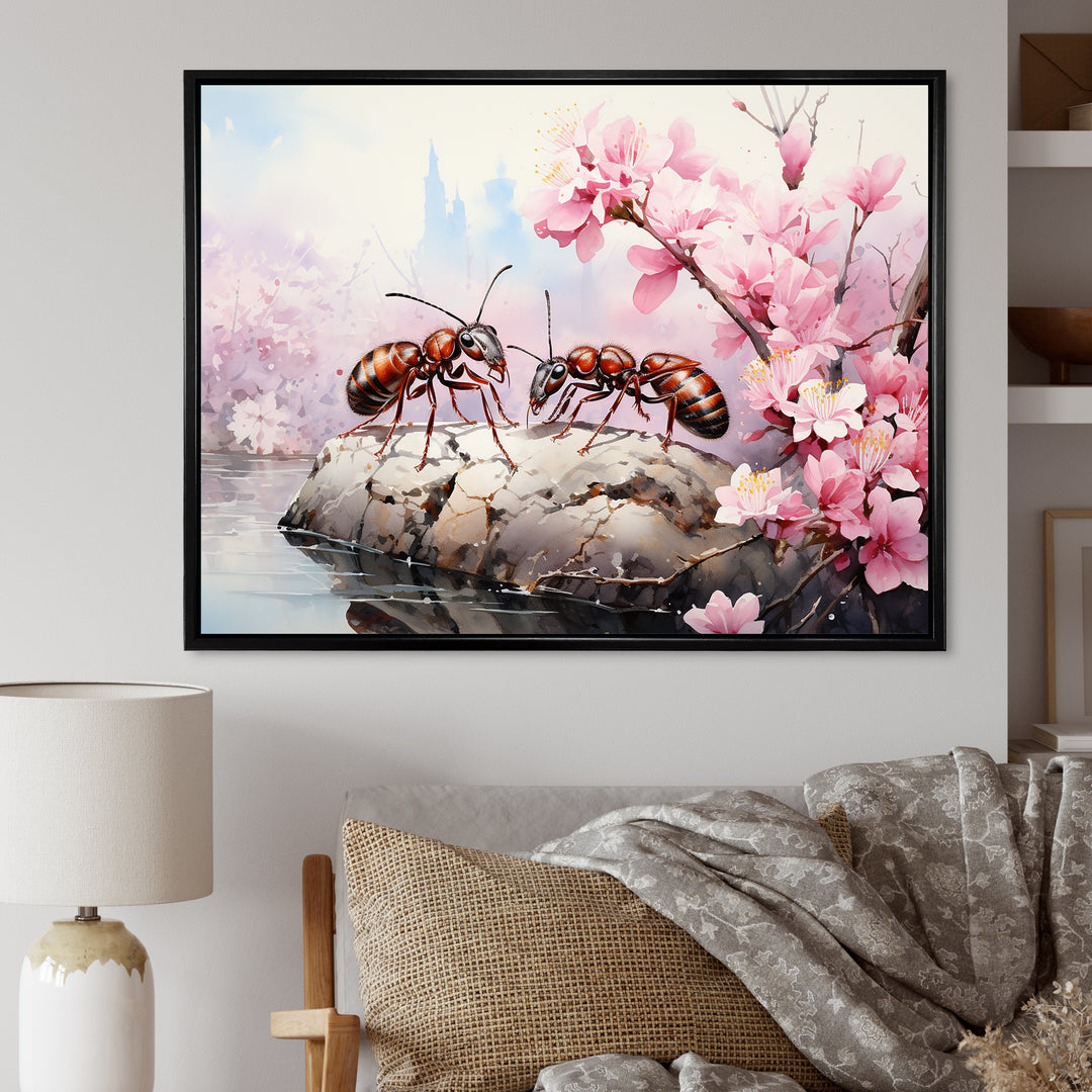 Pastel Gatherers Red Ants Pink Blossoms - Ant Wall Art Prints
