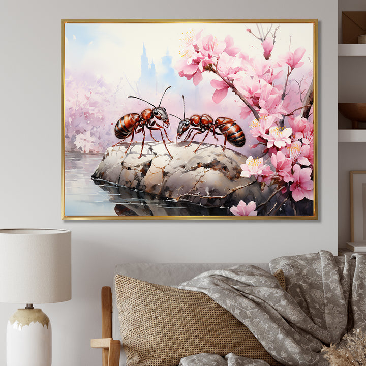 Pastel Gatherers Red Ants Pink Blossoms - Ant Wall Art Prints