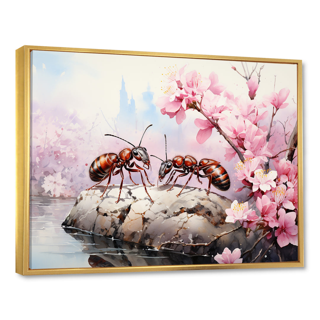 Pastel Gatherers Red Ants Pink Blossoms - Ant Wall Art Prints
