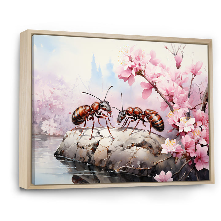 Pastel Gatherers Red Ants Pink Blossoms - Ant Wall Art Prints