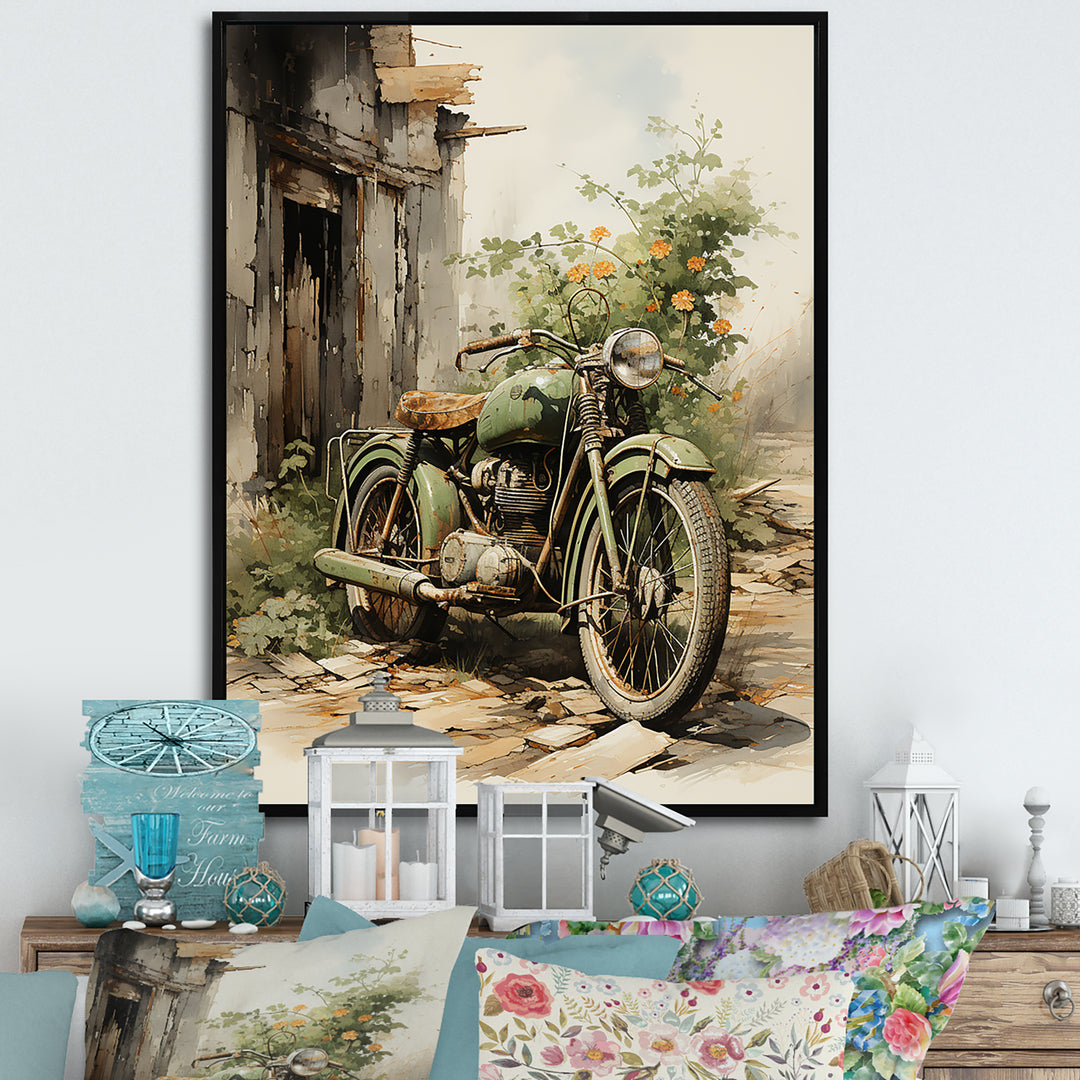 Olive Outing Vintage Motorbike - Bicycle Canvas Wall Art