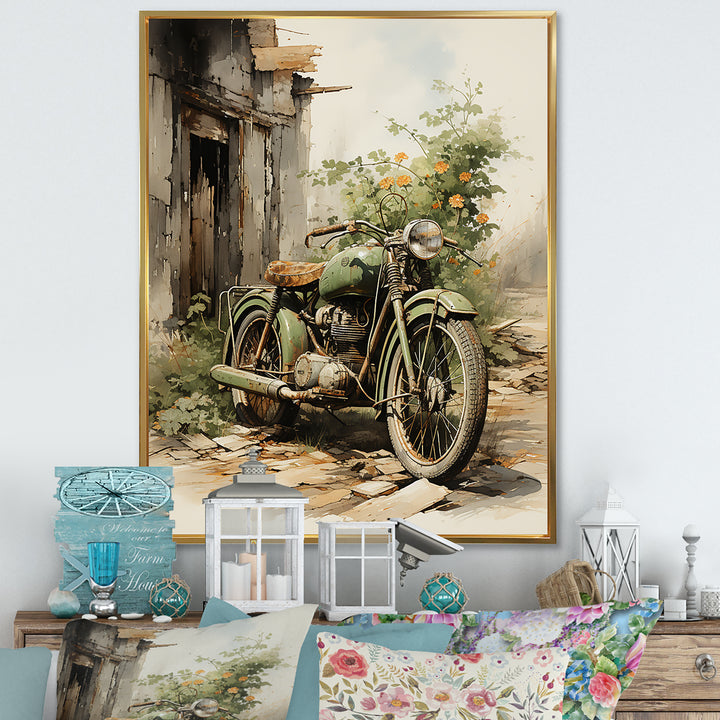 Olive Outing Vintage Motorbike - Bicycle Canvas Wall Art