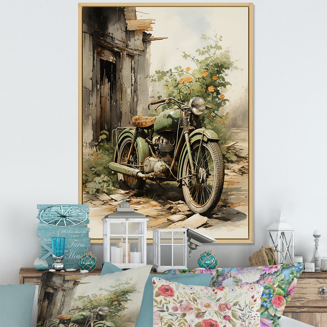 Olive Outing Vintage Motorbike - Bicycle Canvas Wall Art