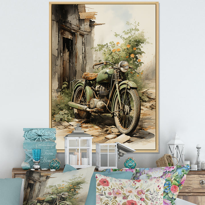 Olive Outing Vintage Motorbike - Bicycle Canvas Wall Art