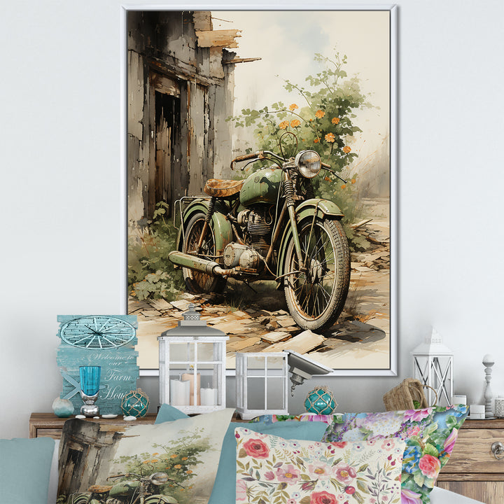 Olive Outing Vintage Motorbike - Bicycle Canvas Wall Art