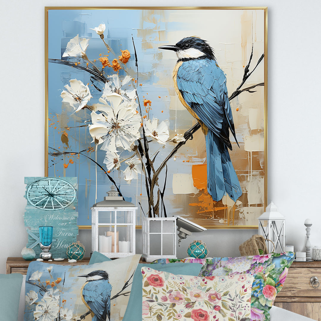 Blue Bird Minimalism White Flowers - Blue Bird Floral Wall Art