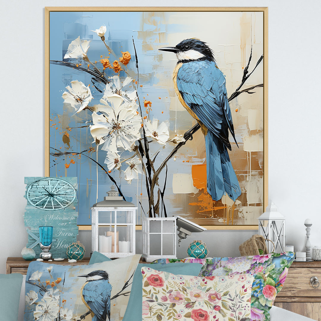 Blue Bird Minimalism White Flowers - Blue Bird Floral Wall Art