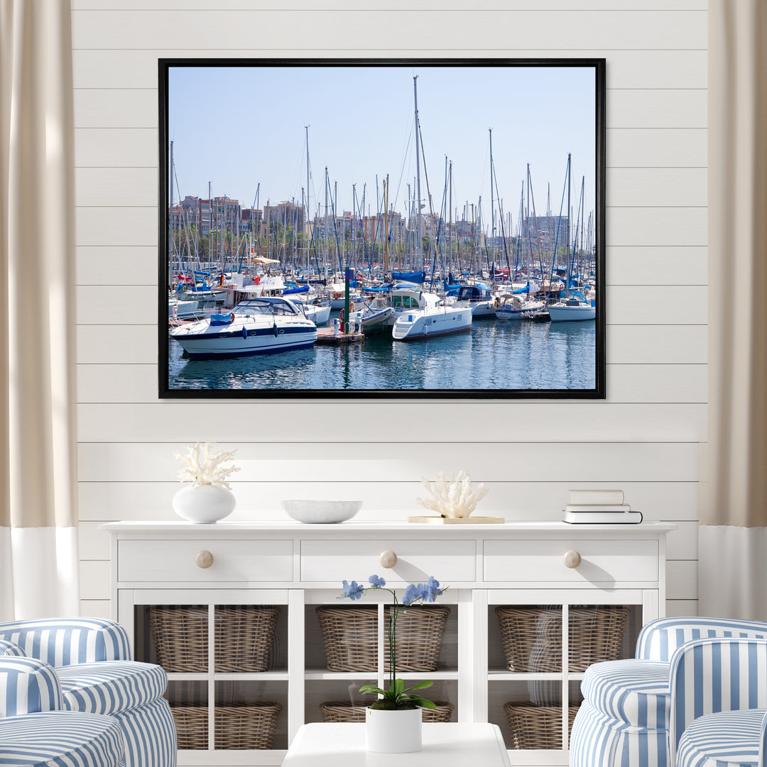 Yachts Docked At Port Vell - Boat Canvas Wall Art