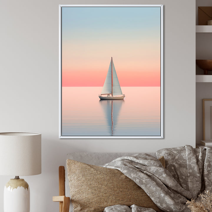 Blue And Pink Sailing Boat Calm Horizon - Boat Sailing Canvas Wall Art
