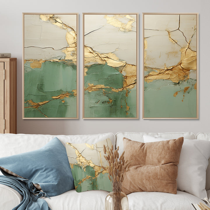 Green Gold Minimalism Poteries - 3-Piece Canvas Wall Art
