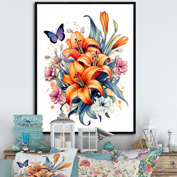 Whimsical Butterfly And Colorful Lilies - Butterfly Bedroom Wall Art