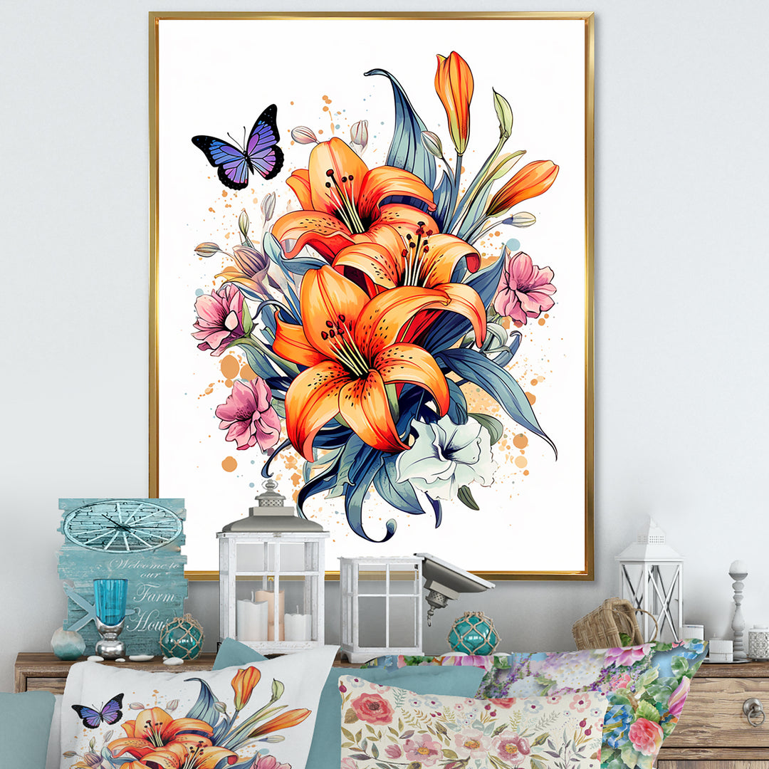 Whimsical Butterfly And Colorful Lilies - Butterfly Bedroom Wall Art