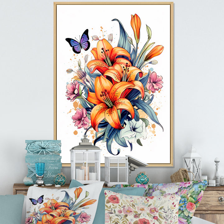 Whimsical Butterfly And Colorful Lilies - Butterfly Bedroom Wall Art
