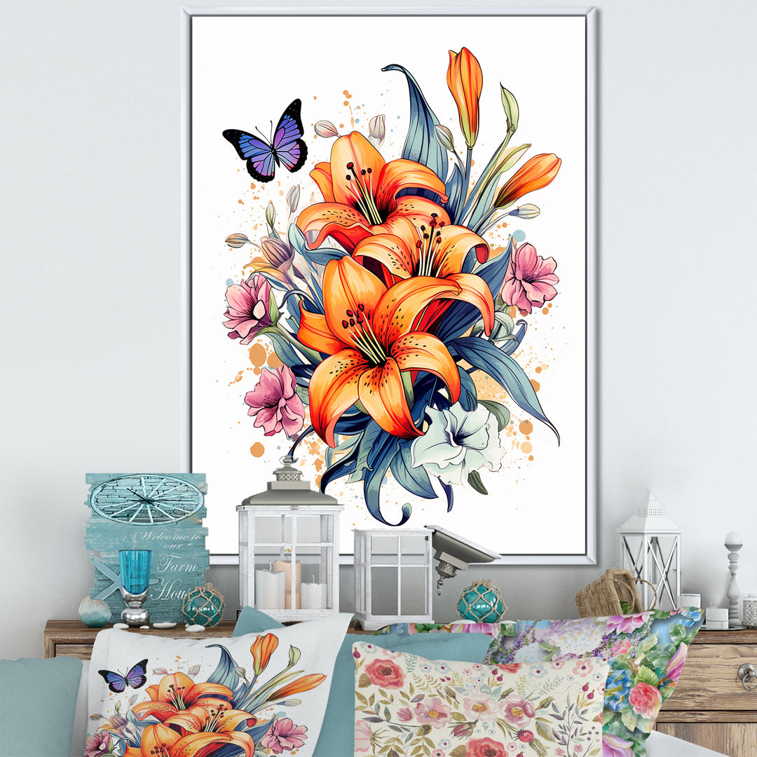 Whimsical Butterfly And Colorful Lilies - Butterfly Bedroom Wall Art