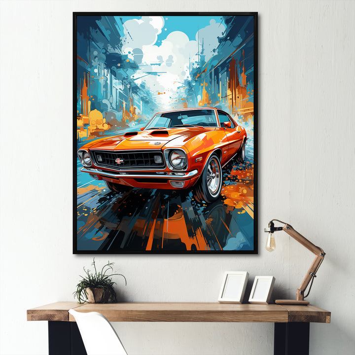 Orange American Muscle Car Collage - Car Vintage Canvas Wall Art