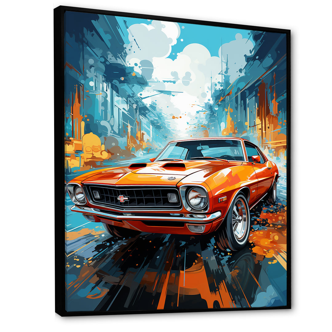 Orange American Muscle Car Collage - Car Vintage Canvas Wall Art