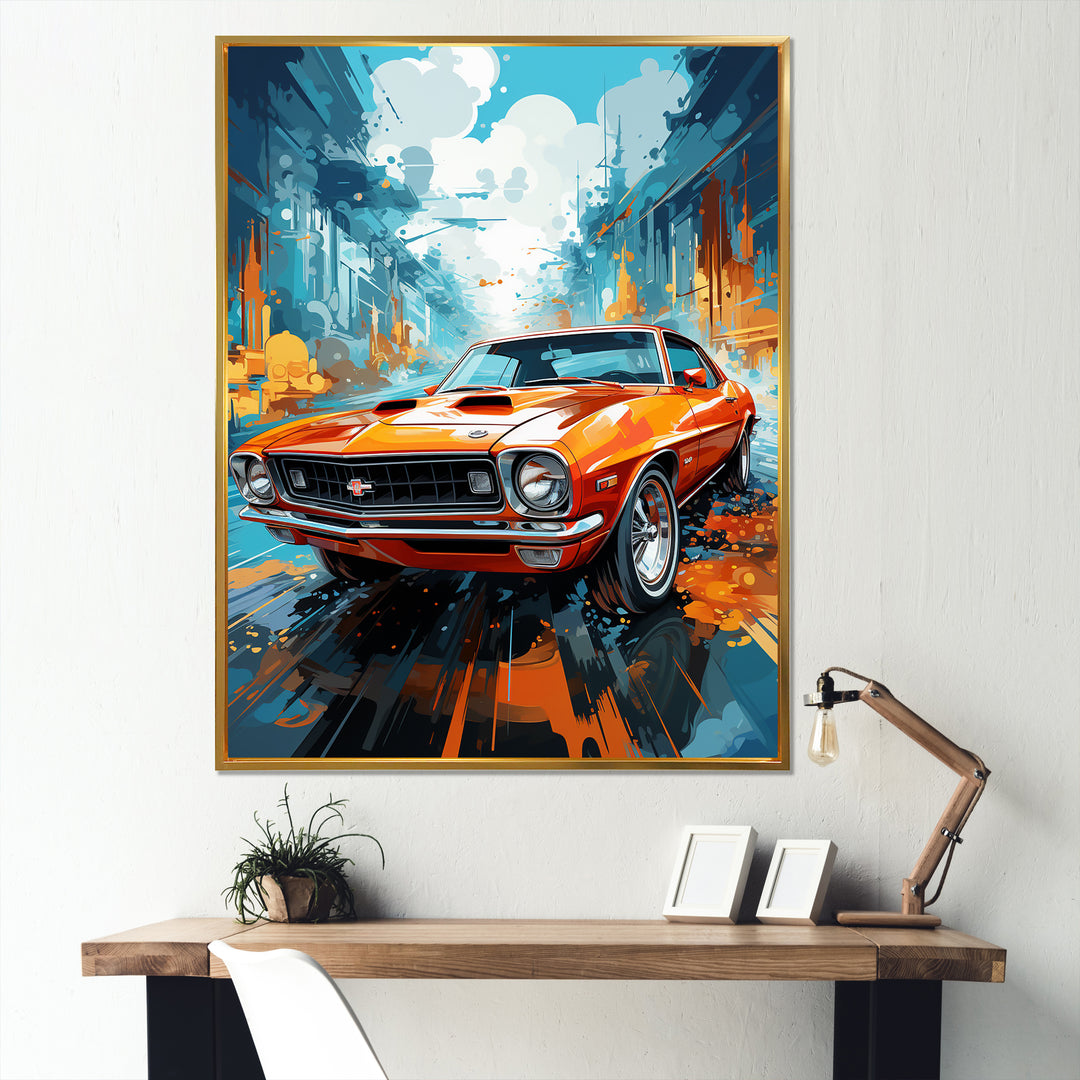 Orange American Muscle Car Collage - Car Vintage Canvas Wall Art