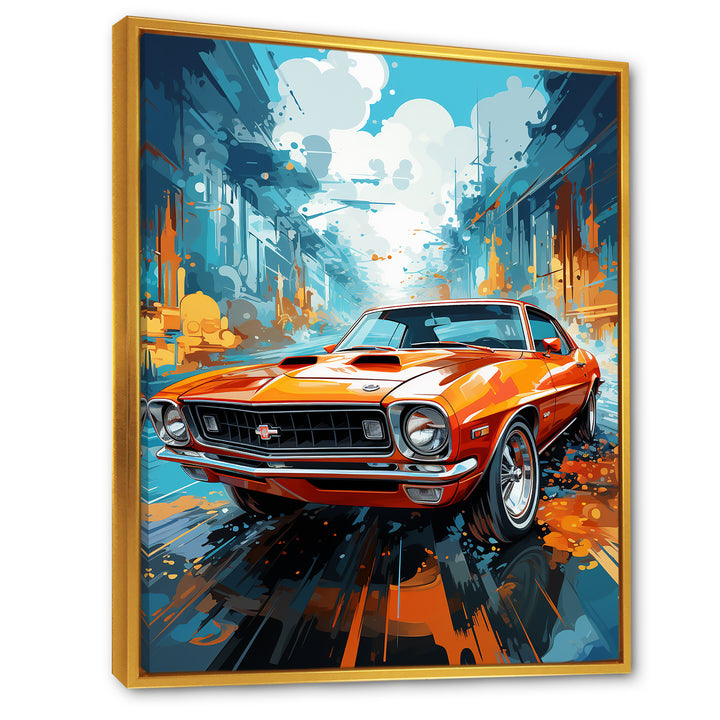 Orange American Muscle Car Collage - Car Vintage Canvas Wall Art