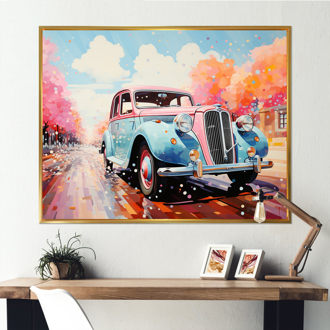 Pastel Vintage Pink Car Adventure - Car Vintage Canvas Wall Art
