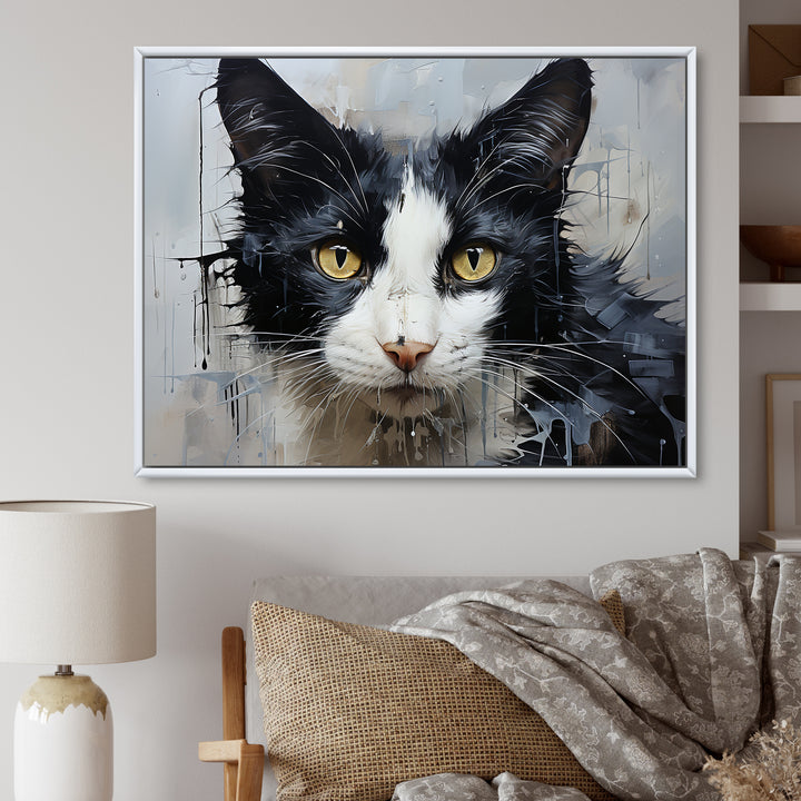 Minimalism Black And White Cat Portrait - Cat Canvas Wall Art
