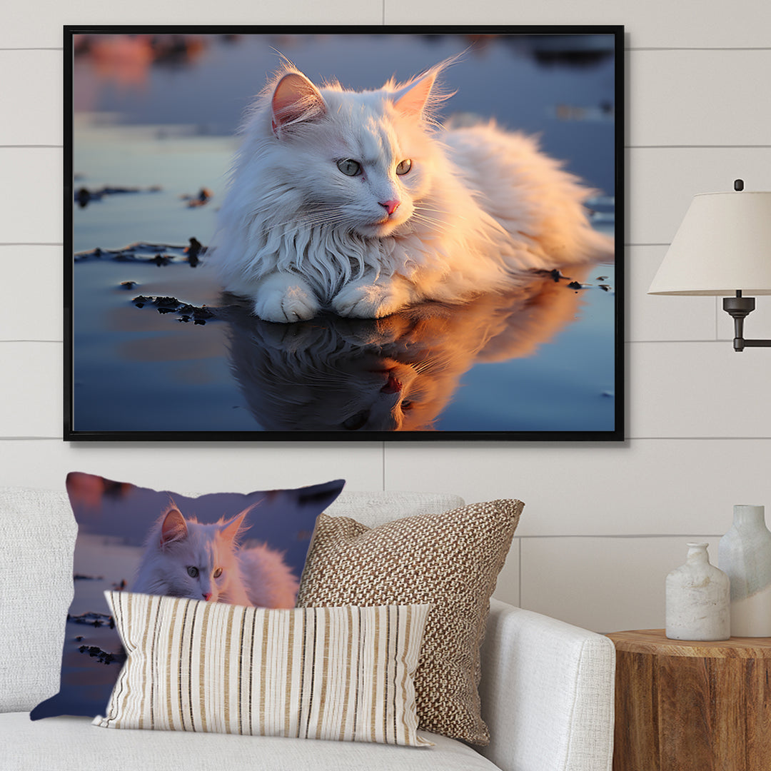 Cat Tranquility On Beach - Cat Framed Canvas Art