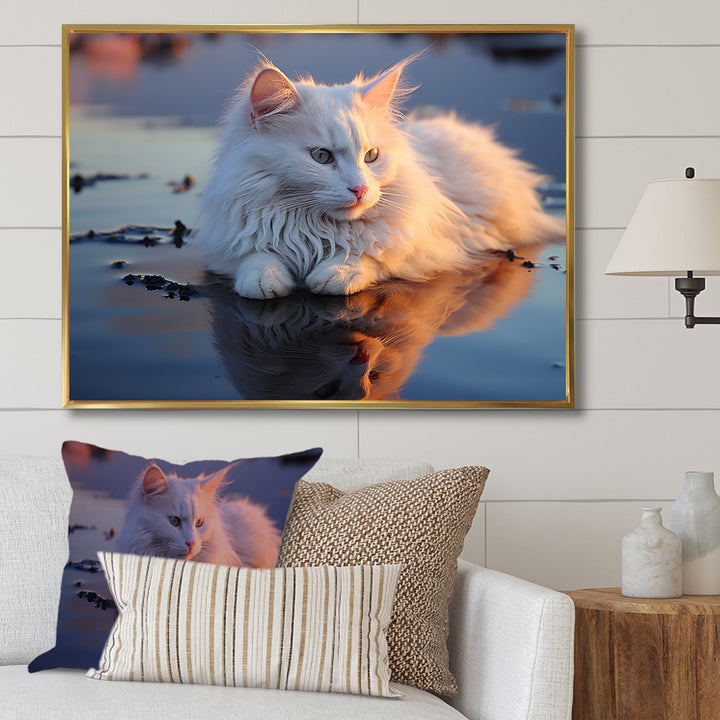 Cat Tranquility On Beach - Cat Framed Canvas Art