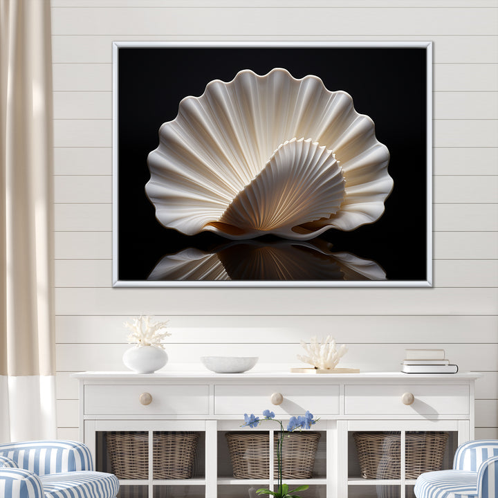 Monochrome Clam Deep Charcoal Ocean - White Clam Wall Art