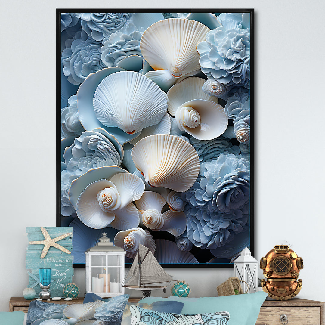 White Blue Tones Delicate Oyster Beauty - Clam Canvas Wall Art