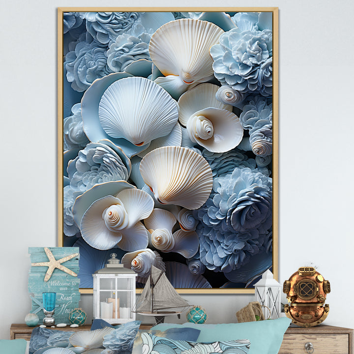 White Blue Tones Delicate Oyster Beauty - Clam Canvas Wall Art