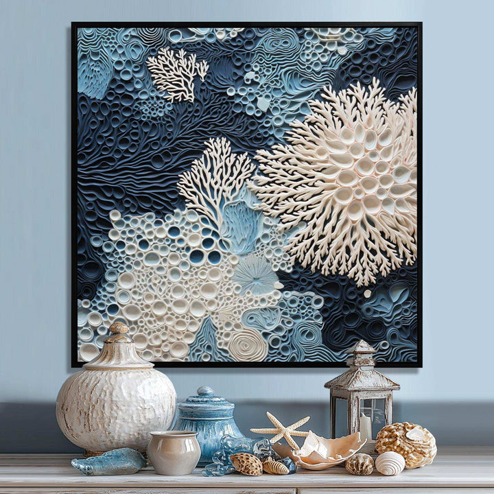 Under Water Blue And White Corals Collage - Coastal Canvas Wall Art