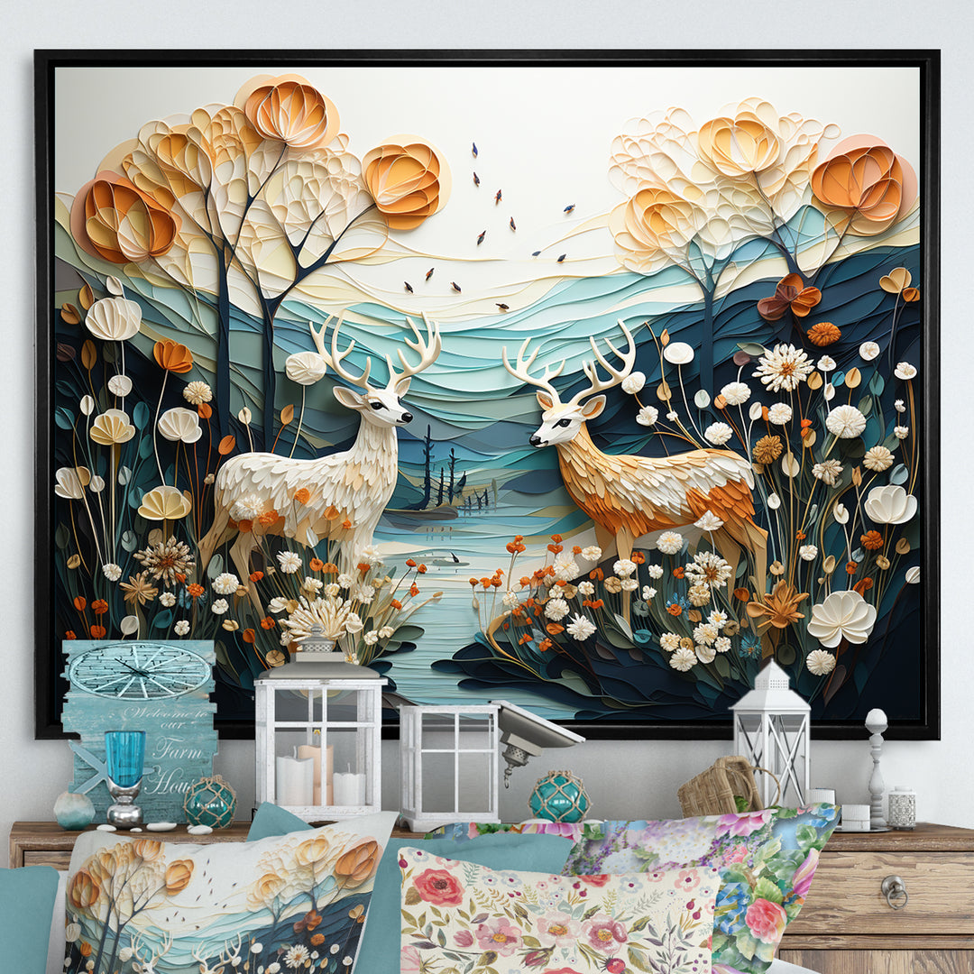 Modern Deer Couple Collage - Blue Deer Wall Art