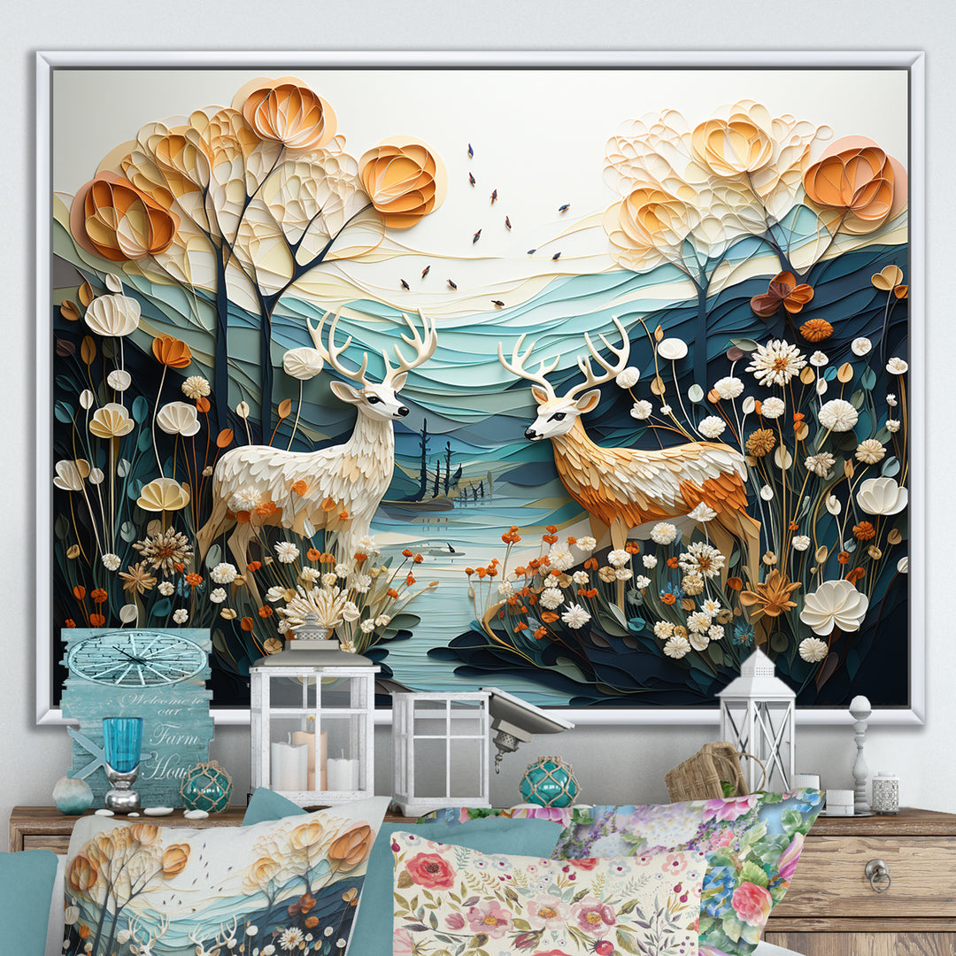 Modern Deer Couple Collage - Blue Deer Wall Art