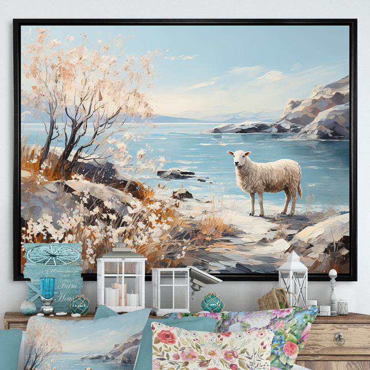 Minimalism Sheep On The Beach - Sheep Framed Canvas Art