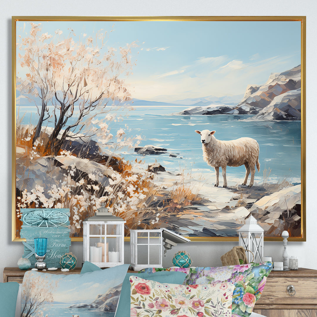 Minimalism Sheep On The Beach - Sheep Framed Canvas Art