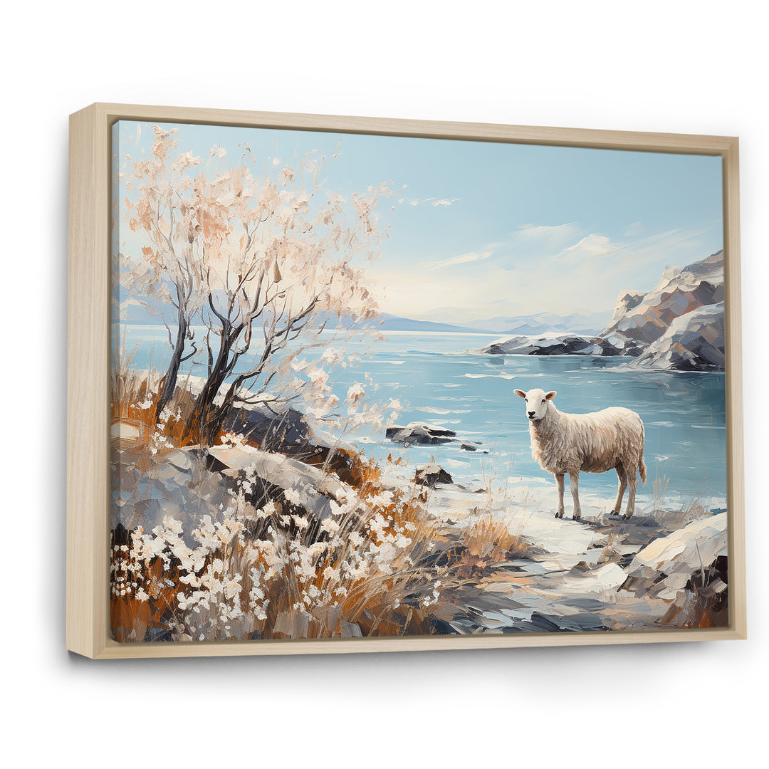 Minimalism Sheep On The Beach - Sheep Framed Canvas Art