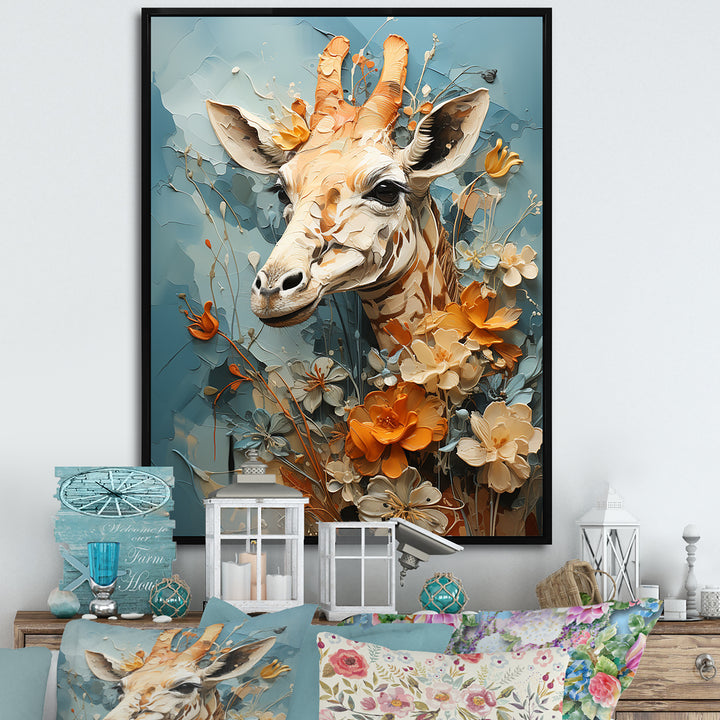 Blue And Beige Giraffe Portrait - Giraffe Canvas Wall Art
