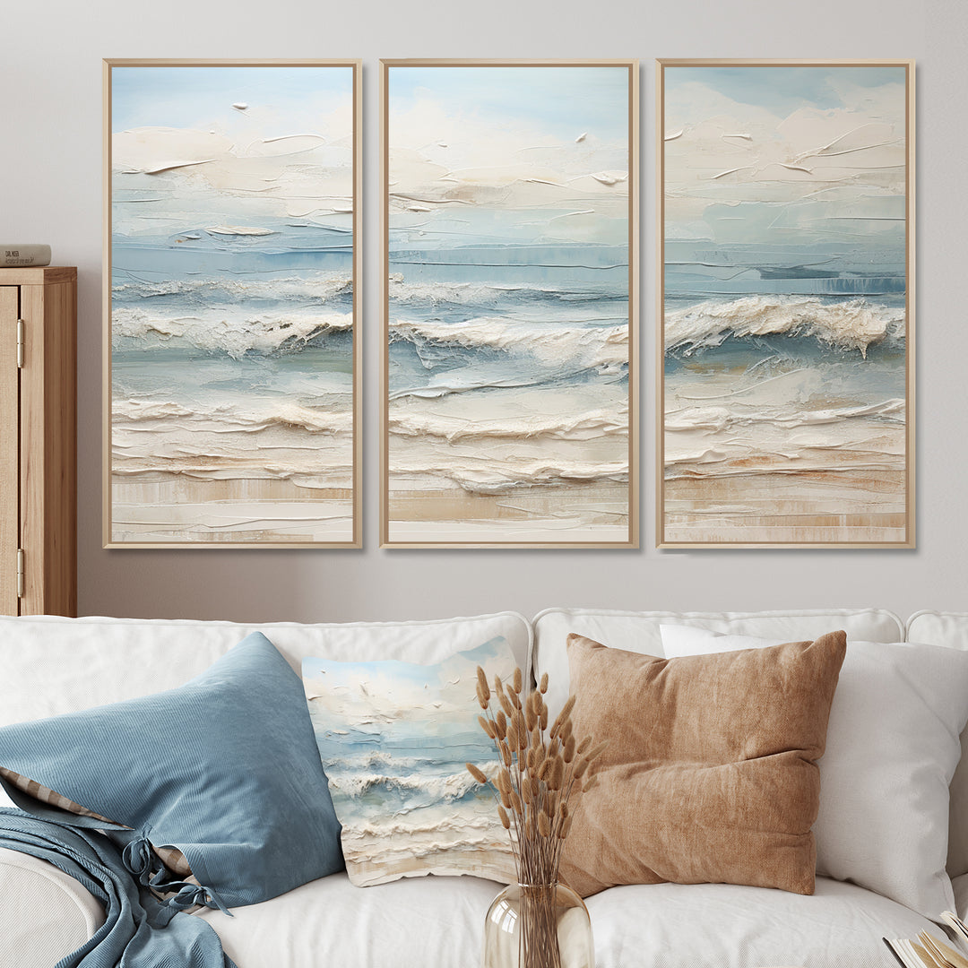 Beige And Blue Coastal Beach Paint - 3-Piece Canvas Wall Art