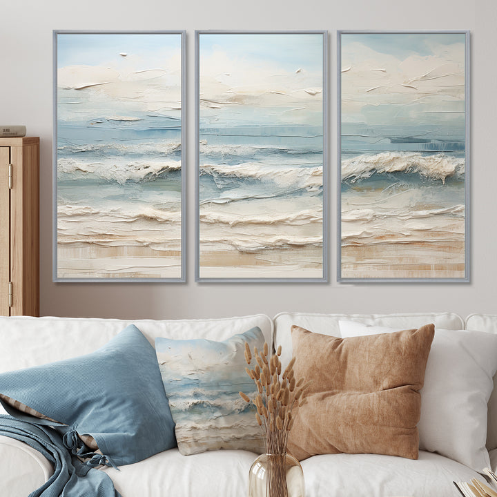 Beige And Blue Coastal Beach Paint - 3-Piece Canvas Wall Art