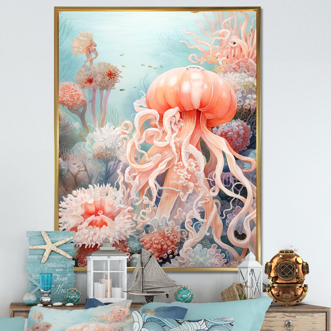 Pink Jellyfish Undersea Wonders - Jellyfish Framed Canvas Art