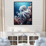 Monochrome Blue And White Octopus Crowl - Octopus Living Room Wall Art