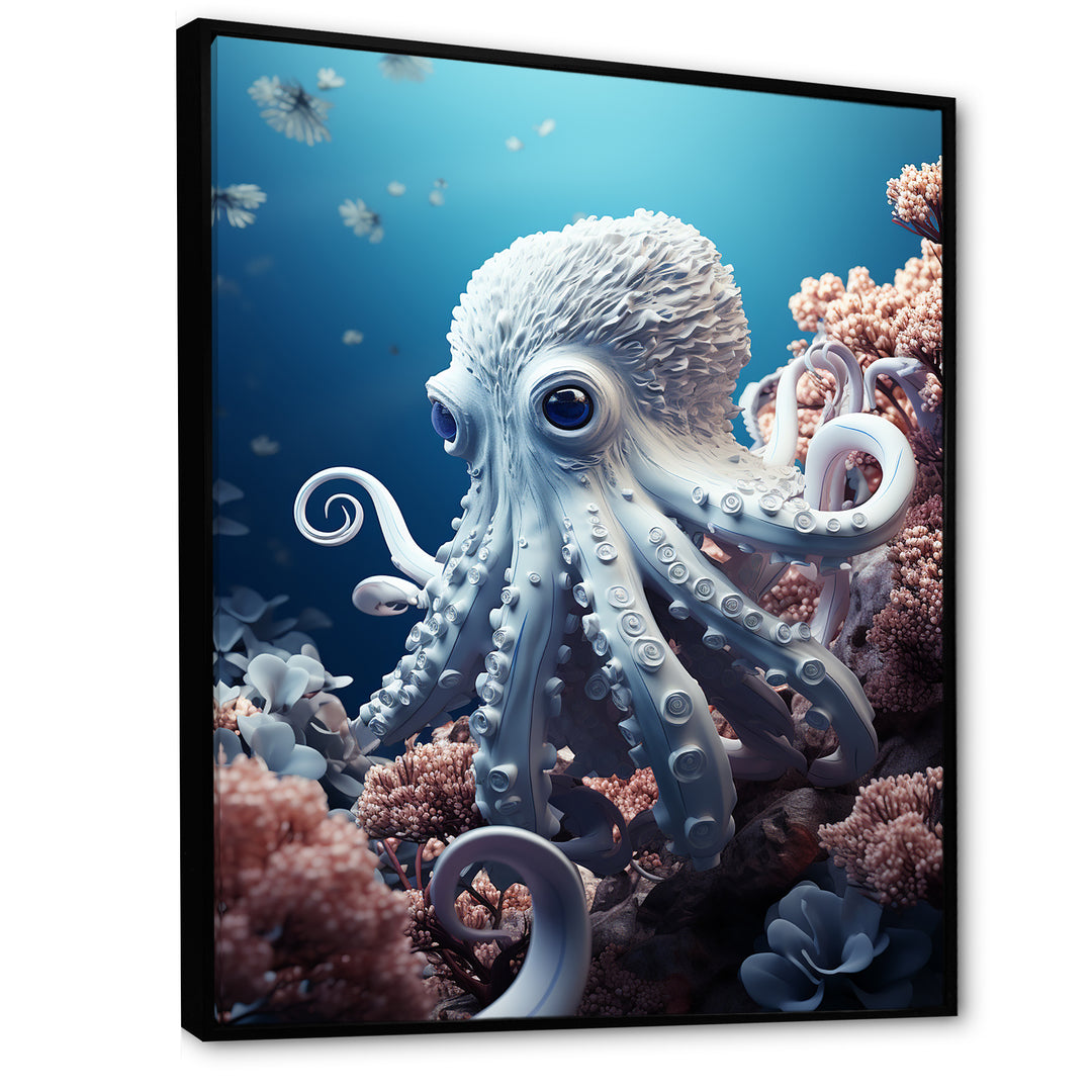 Monochrome Blue And White Octopus Crowl - Octopus Living Room Wall Art