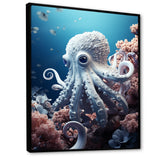 Monochrome Blue And White Octopus Crowl - Octopus Living Room Wall Art