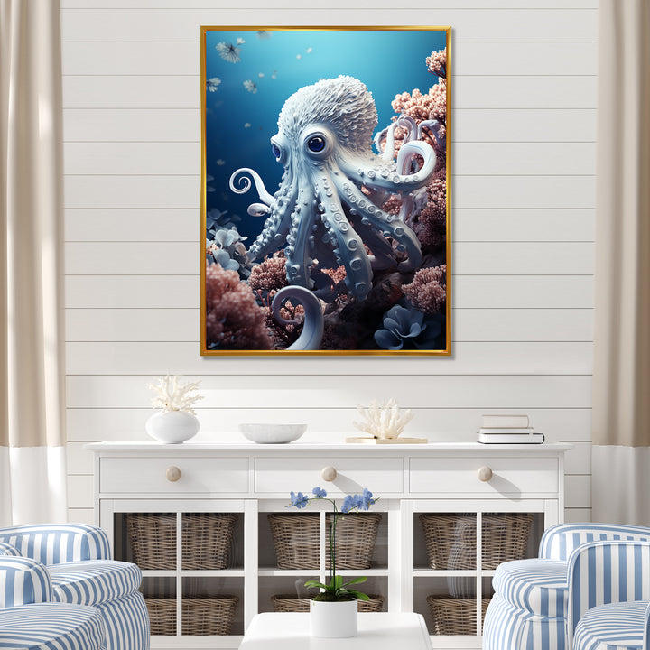 Monochrome Blue And White Octopus Crowl - Octopus Living Room Wall Art