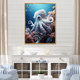 Monochrome Blue And White Octopus Crowl - Octopus Living Room Wall Art