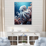 Monochrome Blue And White Octopus Crowl - Octopus Living Room Wall Art