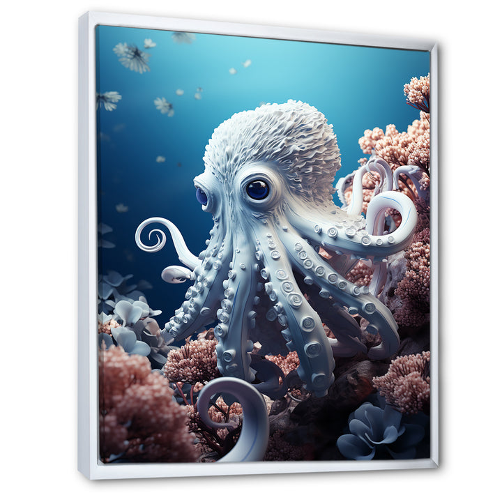 Monochrome Blue And White Octopus Crowl - Octopus Living Room Wall Art