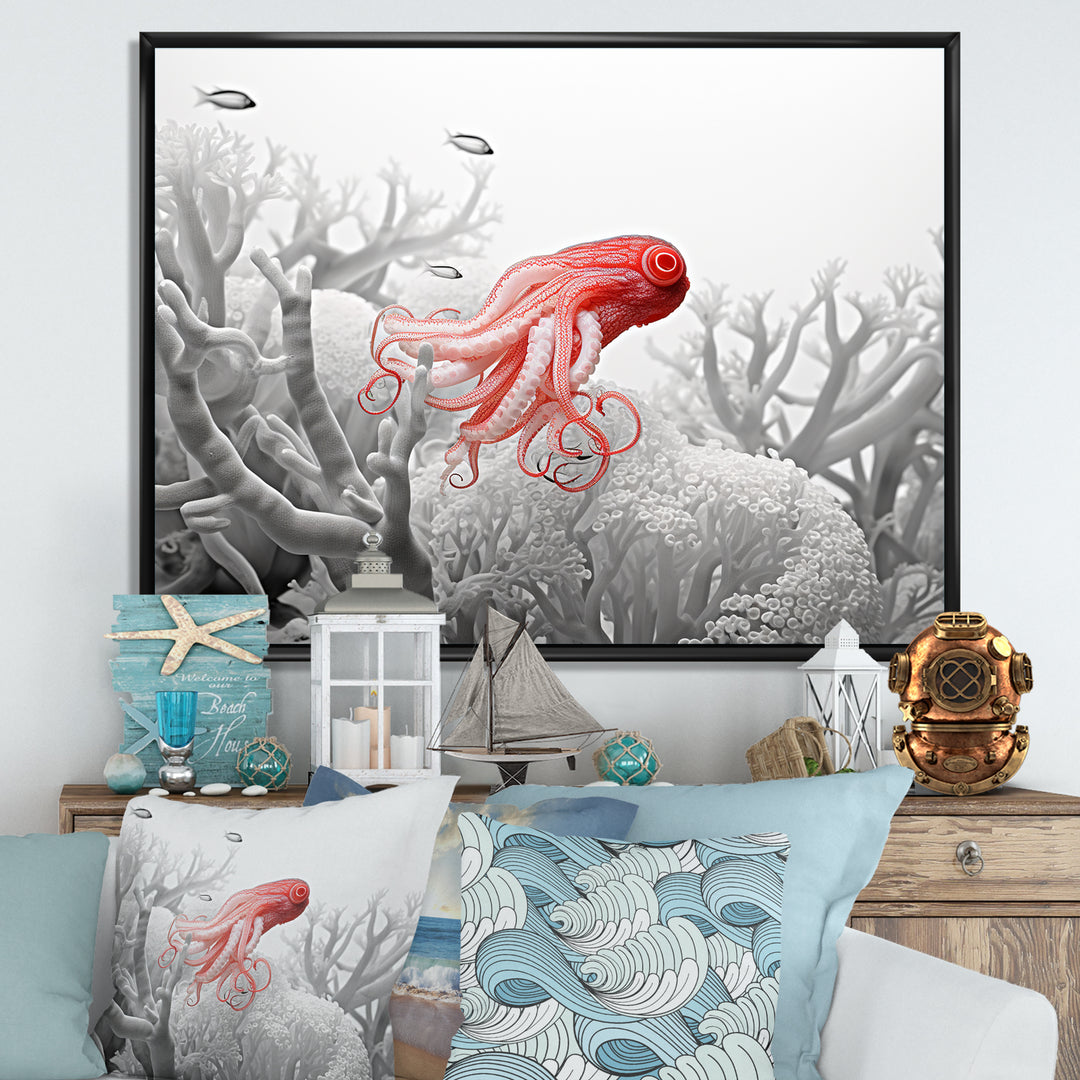 Monochrome Coral And Grey Octopus Paddle - Octopus Bedroom Wall Art