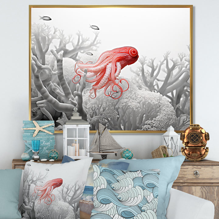 Monochrome Coral And Grey Octopus Paddle - Octopus Bedroom Wall Art